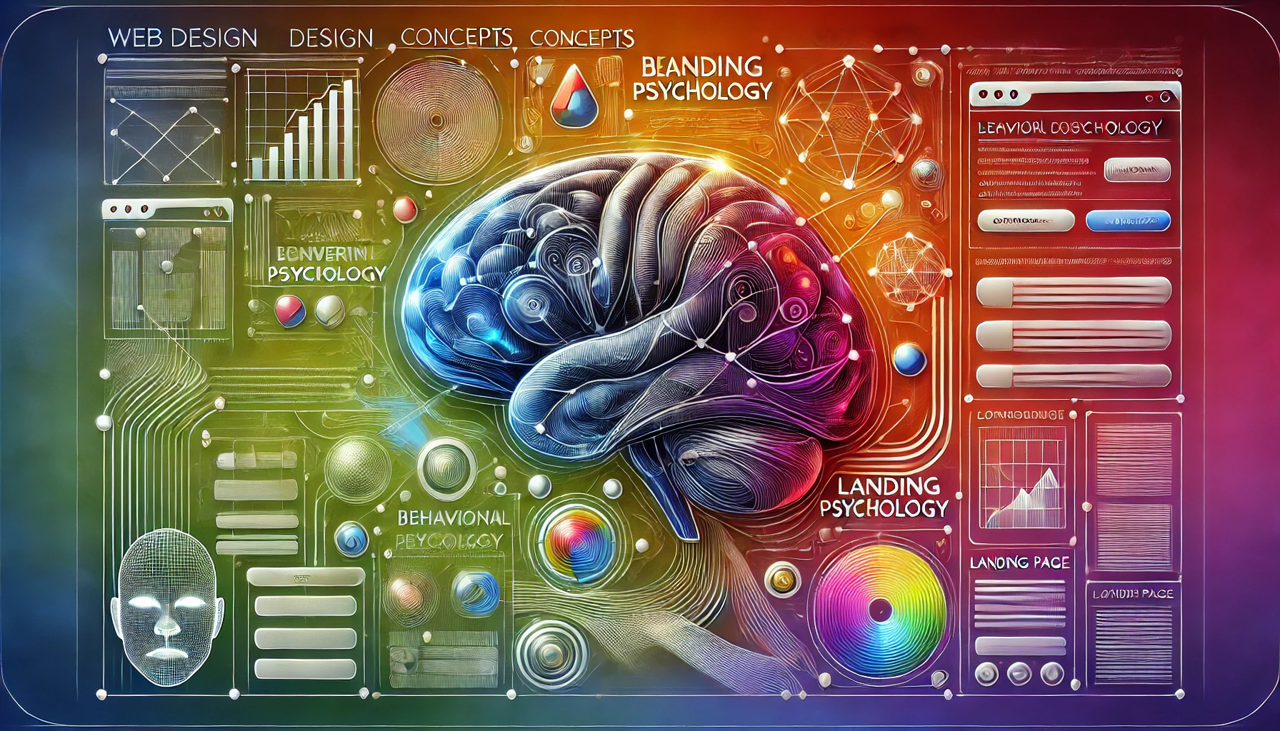 DALL·E 2024-09-26 22.35.06 – A detailed image focusing on the theme of web design, concepts, behavioral psychology, and landing pages, presented in a 16_9 format. In the center, a Psychologische Conversion-Hacks für mehr Umsatz & Kundenbindung